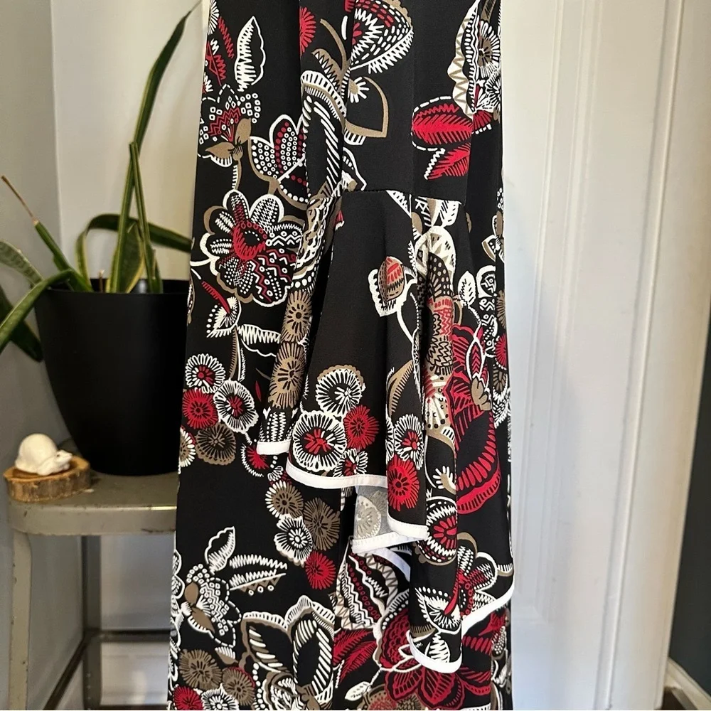 MSK Black Floral Midi Dress with Red and Cream Accents